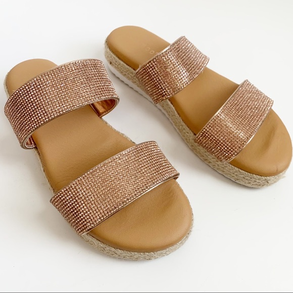 Bamboo Rose Gold Rhinestone Espadrille Slide, Double Strap, Size 8 1/2 - Picture 1 of 6